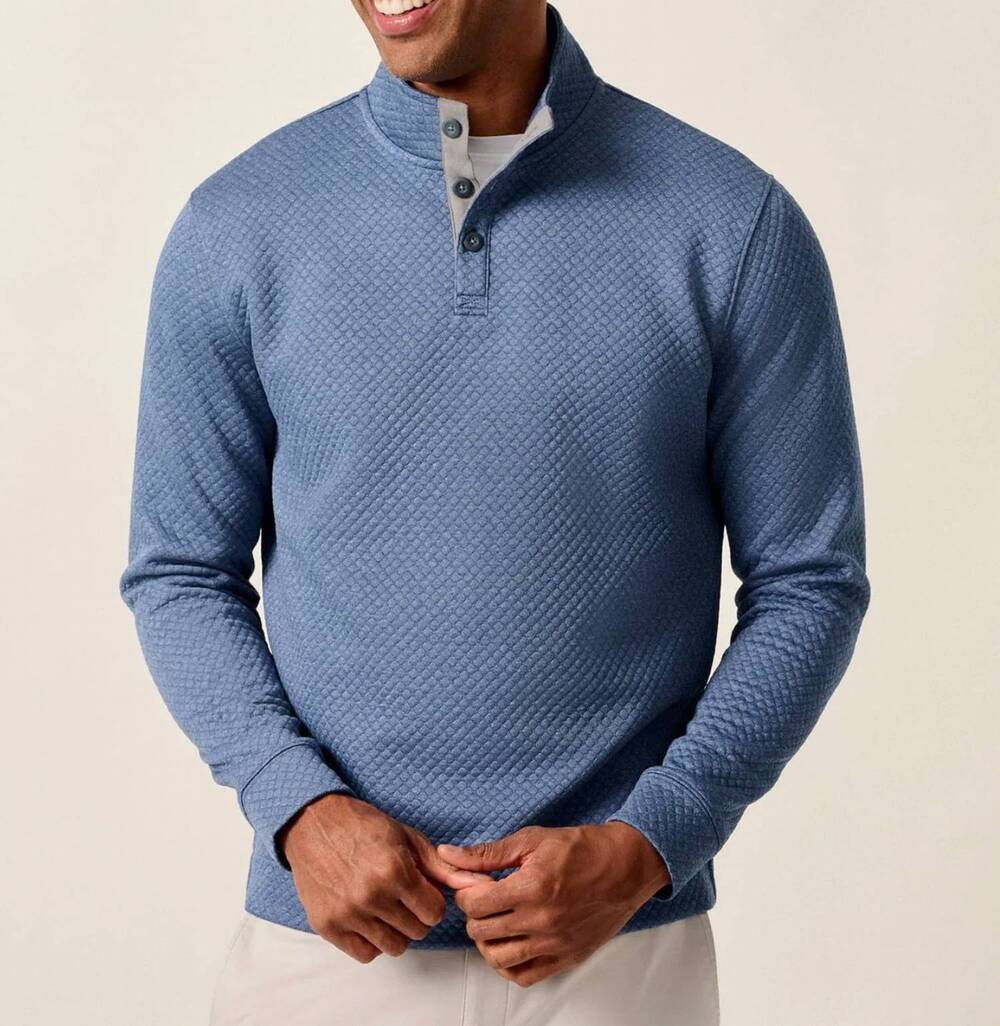 NEW JOHNNIE-O rockwells diamond-quilted henley pullover in laguna blue